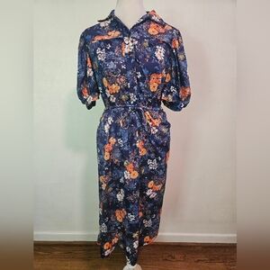 Vintage Navy Floral Tie-Waist Shirt Dress 7